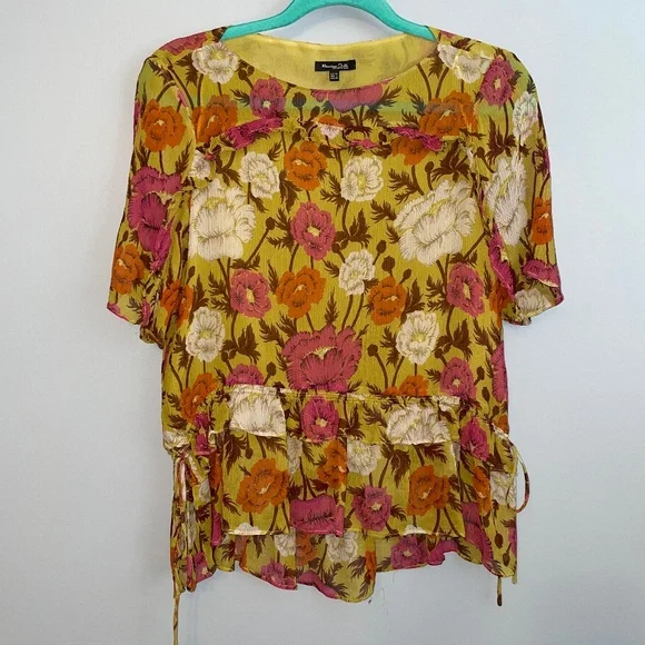 EUC Massimo Dutti Chiffon Ruffle Hem Floral Side Tie Top Size 8 - Picture 2 of 7